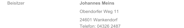 Beisitzer   Johannes Meins Obendorfer Weg 11 24601 Wankendorf Telefon: 04326 2487