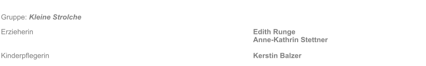 Gruppe: Kleine Strolche Erzieherin												Edith Runge Anne-Kathrin Stettner  Kinderpflegerin											Kerstin Balzer